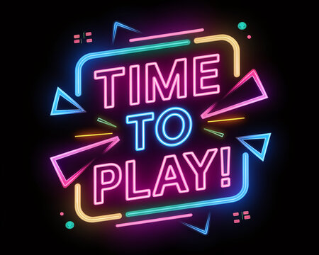 Neon "Time to Play!" glowing sign design with vibrant colors and arrows, symbolizing fun, excitement, and entertainment. Gamer background