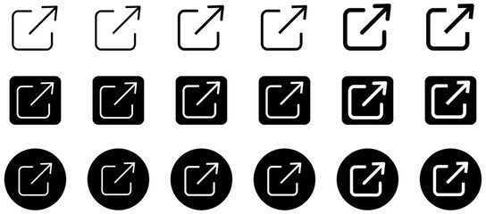 External link icons set on white background. Interface icon for hyperlink and redirection. Open link button icon in flat style. Share interface button. Page open in the new window. Vector illustration