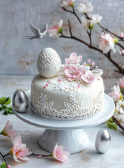 Fototapeta premium Easter cake with flowers and silver eggs