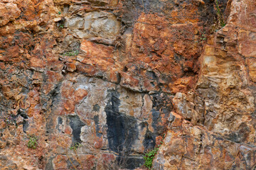 A close-up view of a rocky cliff face showcasing various shades of brown, orange, and black with distinct rock formations and textures