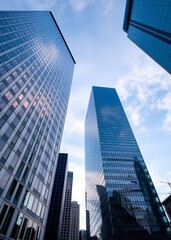 Obraz premium Modern skyscrapers, reflective glass facades, towering office buildings, blue sky, wispy clouds, urban architecture, looking upward, financial district, city skyline, sunlight reflections, sleek desig
