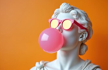 White plaster statue bust with pink sunglasses blowing pink bubblegum bubble against orange background. Pop art sculpture. Antique goddess with modern accessory. Kitsch trendy surreal style. Copy