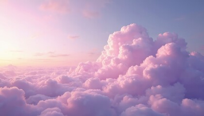 Fluffy soft pink clouds texture. Sky panorama background with light lavender purple color natural pattern. Ethereal cloudscape above skyline for meditation, heaven, peaceful mood.