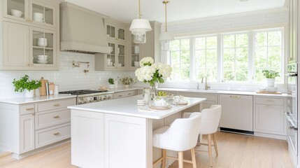 Modern kitchen island, light gray cabinets, white quartz countertop, breakfast bar, natural light