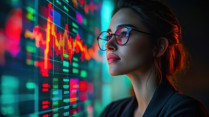 Focused woman analyzing financial data on a vibrant screen in a modern office setting