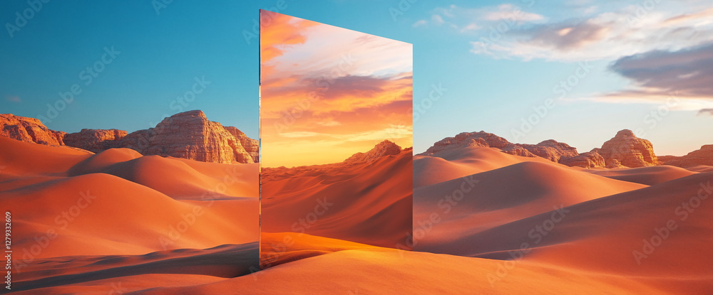 Leinwandbilder a large mirror standing in a desert, reflecting the beautiful sunset and surrounding sand dunes, cre