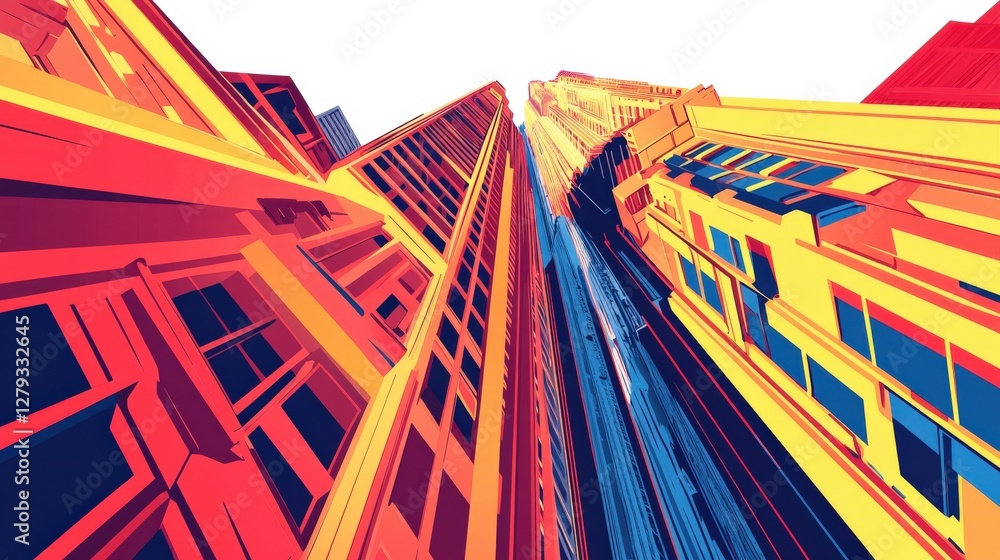 Poster vibrant abstract view of towering urban skyscrapers with colorful geometric patterns and lines