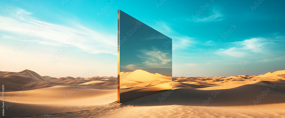 Poster A reflective mirror standing in the desert, showcasing the vast, empty sand dunes under the bright sky, creating a surreal and intriguing visual contrast of nature and reflection.