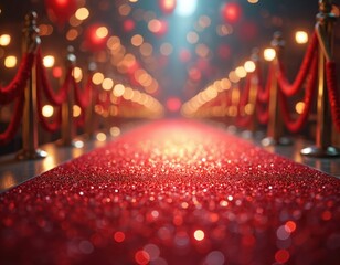 Glittering red carpet background in bokeh lights. Glamorous luxury event, party, award ceremony with shimmer glow. Bright, dark, vibrant, dazzling, magical sparkling radiant lustrous twinkling