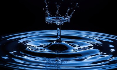 Blue water splash with droplets in darkness