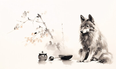 A faithful dog sits next to his bowl and waits for food. Ink painting smeared with a wet brush. Japan traditional sumi-e painting.