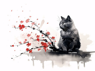 A black cat sits on the edge of a puddle and looks into the distance. Japan traditional sumi-e painting. Ink painting smeared with a wet brush.
