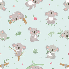 Koala print seamless pattern. Stylish baby backdrop with australian animals. Funny koalas, fabric wallpaper wrapping print, nowaday vector background
