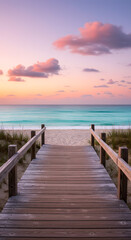 Fototapeta premium A serene wooden boardwalk leading to a tranquil beach at sunset. The sky is painted in soft pastel colors, with fluffy clouds scattered above. The calm ocean waves gently lap at the shore.
