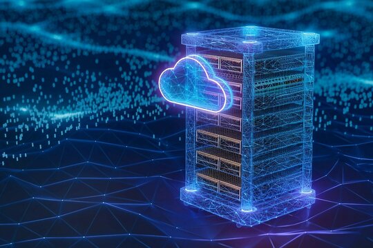 High-tech digital server rack  with cloud on a blue background. modern server farms, digital infrastructure, and data storage solutions, cloud technology, virtual servers and advanced data network.
