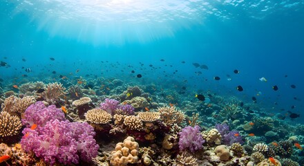 Obraz premium Coral reef with school of fish and sun ray in underwater ocean, marine life.