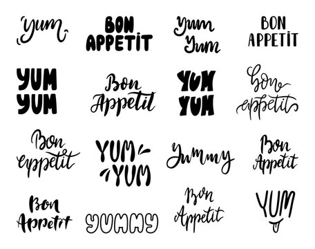 Bon appetit lettering. Yum yum doodle text, handwritting design. Tasty food stickers for menu, banners, cards, packaging. Decorative neoteric vector graphic