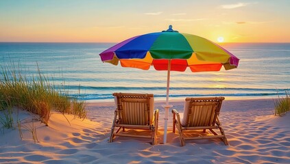 Close-up of colorful sun umbrella and sun loungers on sea, ocean background. Vacation, travel, tourism, background, screensaver