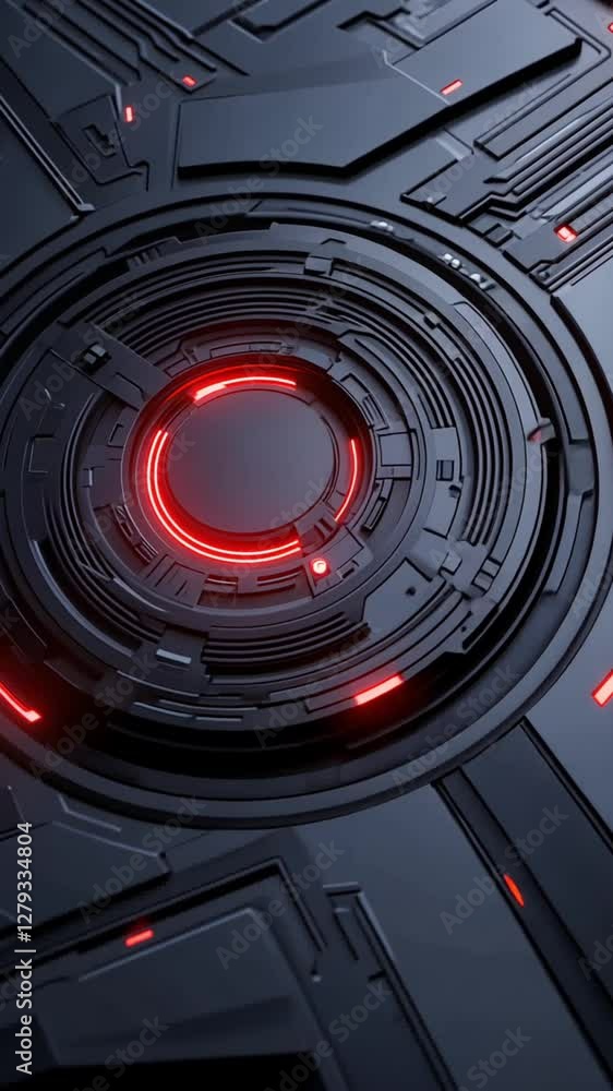 Poster a close-up view of a futuristic circuit board design featuring intricate details and illuminated red