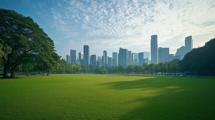 Urban Skyline at Sunset With Lush Green Park in the Foreground and Vibrant Clouds Across the Sky