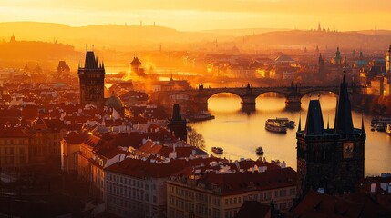 Naklejka premium Sunset Over the River With Colorful Clouds and Historic Architecture Lining the Shore During a Peaceful Evening
