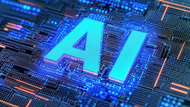 motherboard with ai written on it. Concept AI (Artificial Intelligence) technology, chip IC on PCB, PCB circuit board, microprocessor. 
