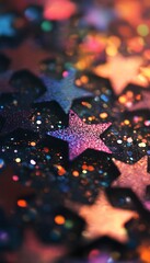 Colorful glittering stars create a magical and festive backdrop