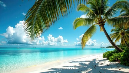 Fototapeta premium Coast. Sandy seashore. Palm trees. Sunlight.