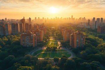 Obraz premium Sunset Over an Urban Park Surrounded by Buildings in a Bustling City Landscape