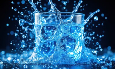Glass of water splashing ice cubes