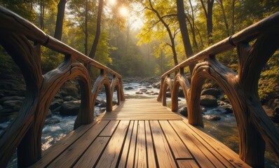 Peaceful wooden bridge in serene forest