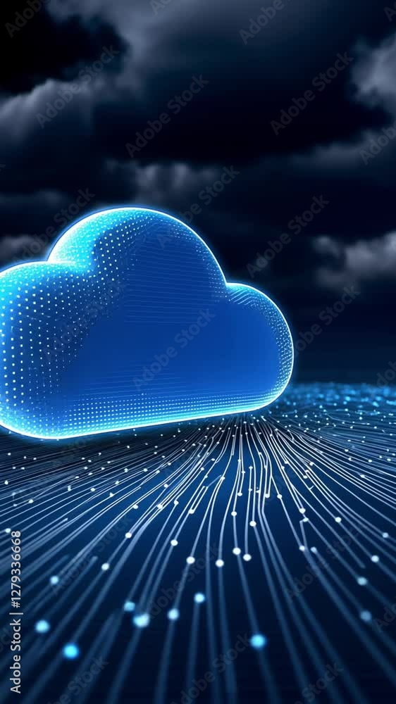 Poster a visually striking digital representation of a cloud with glowing blue lines flowing beneath it, sy
