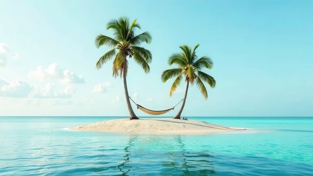 Lonely island in the middle of the ocean with two palm trees and a hammock. Travel, tourism, recreation, background, screensaver