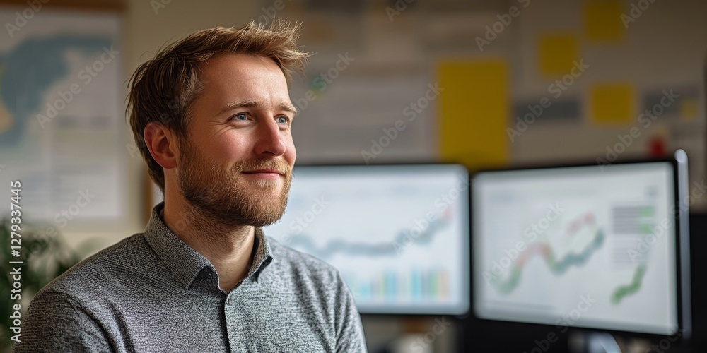 Poster a content businessman smiles in an office setting, with dual monitors displaying data analysis and g
