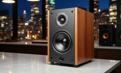 Stylish wooden speaker in modern setting
