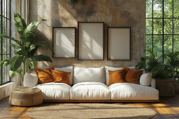 Cozy Living Room With a White Sofa and Green Plants Featuring Natural Light in a Modern Interior Design Setting