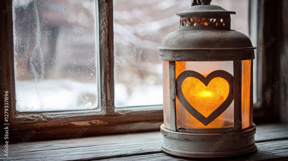 Poster rustic lantern with heart design illuminating a cozy window setting