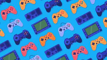A vibrant illustration of various colorful gaming controllers and handheld consoles, showcasing the fun and diversity of modern gaming technology and entertainment devices. Gamer background