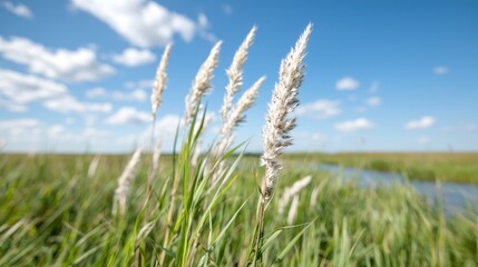 Fototapeta premium White grass, summer meadow, blue sky, waterway. Nature scene for website background
