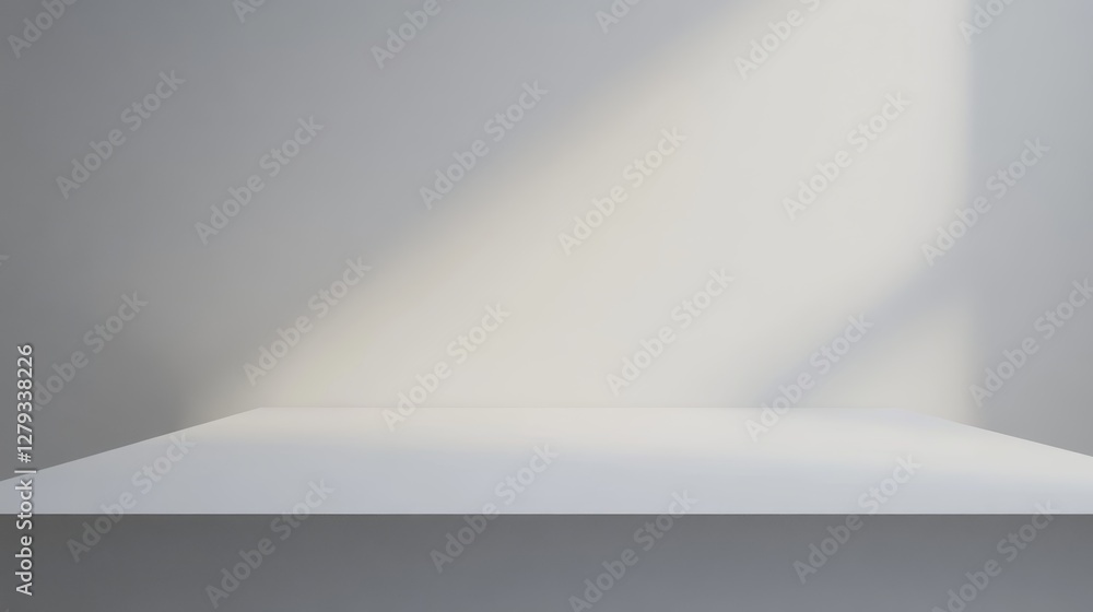 Poster bright light shines on a white platform in a minimalist studio space creating a dynamic visual contr