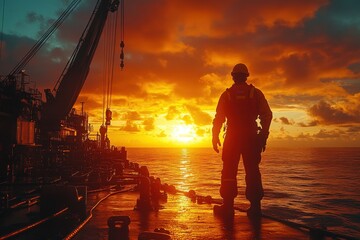 Fototapeta premium Silhouetted worker on an oil tanker at sunset, gazing at the ocean. Dramatic, fiery sky. Industry, hard work, and perseverance concept.