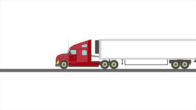 red truck with white semitrailer arrives at red location mark and then leaves. cargo delivery animation 4K