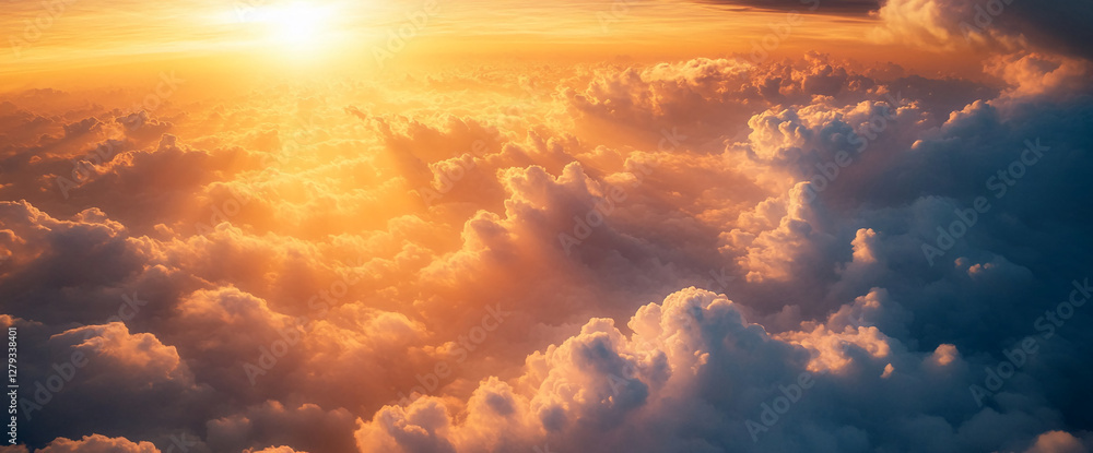 Aufkleber Aerial view of a sunset over clouds with soft light rays breaking through the sky, symbolizing tranquility, nature's beauty, and the vastness of the sky.