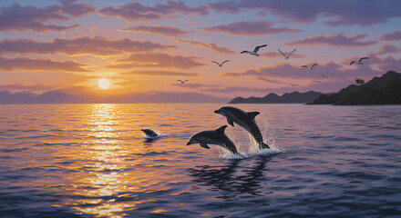 Fototapeta premium The painting realistically depicts the Pacific Ocean with dolphins playing against the backdrop of a sunset.