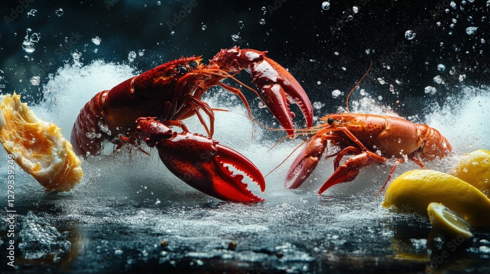 Poster vibrant lobsters splashing in water with lemon and seafood elements, creating an appetizing scene