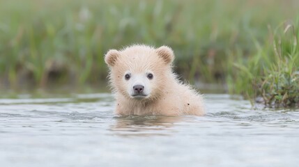Fototapeta premium Cute Polar Bear Cub in Water, Natural Habitat, Wildlife, Adorable, Possible stock photo