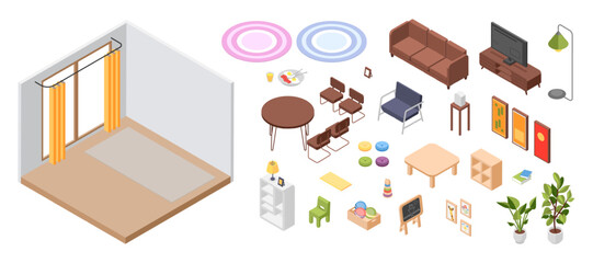 House room isometric location. Isolated furniture and home accessories. Sofa, armchair, living room table with chairs, decoration, vector constructor