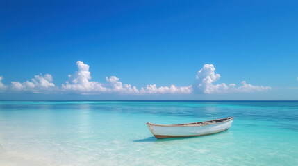 Naklejka premium Serene boat floating in crystal clear waters tropical beach paradise
