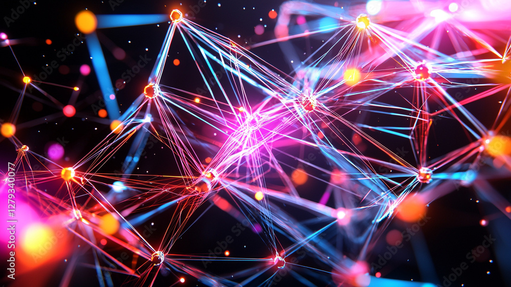 Poster vibrant abstract digital network connecting colorful lights and geometric lines in a futuristic visu