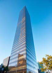 Obraz premium Sleek glass office building under clear blue sky skyscraper city building skyscraper downtown business architecture cityscape